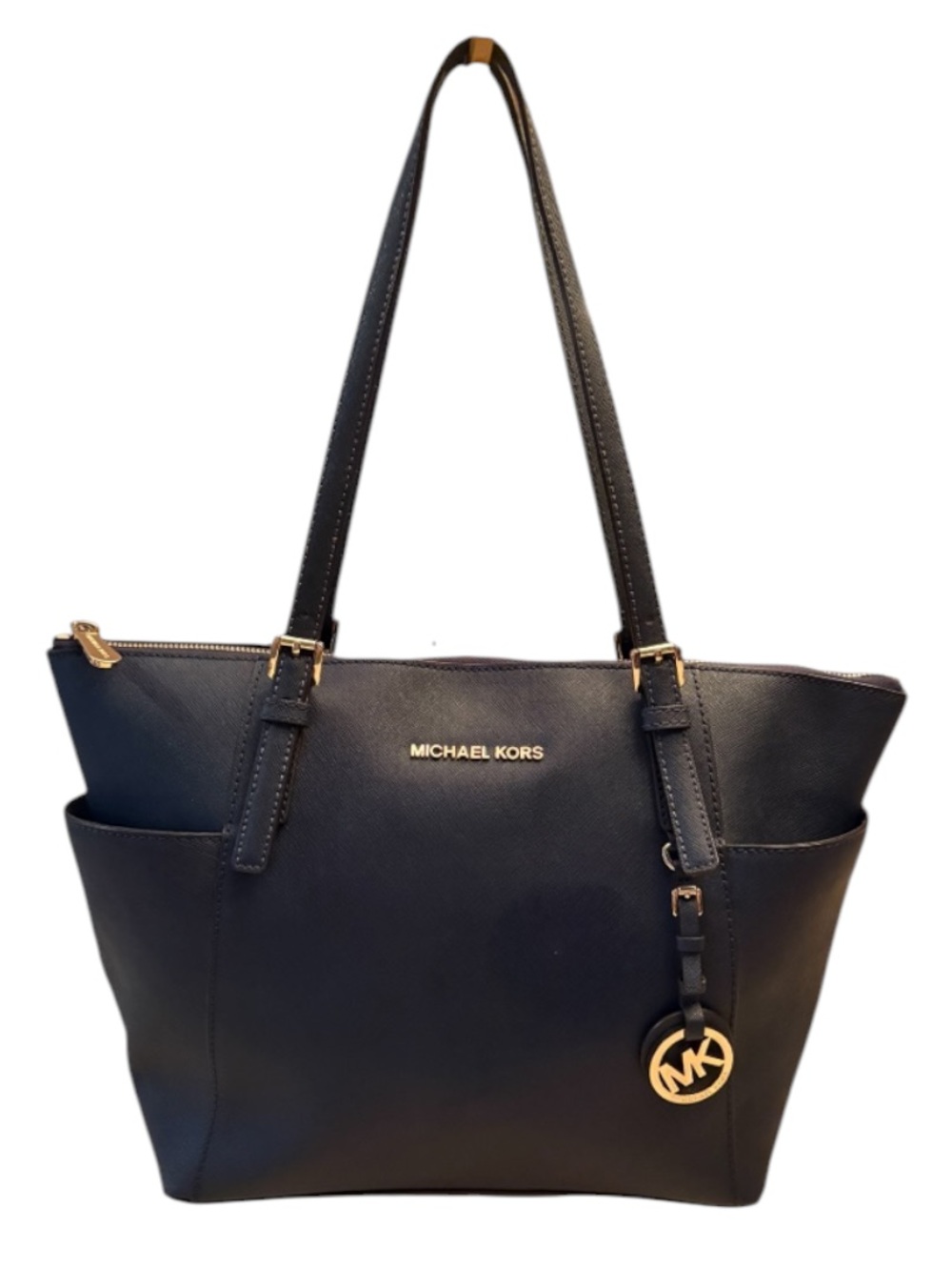 Michael Kors Blue Leather Medium Jet Set Top Zip Tote Navy Blue